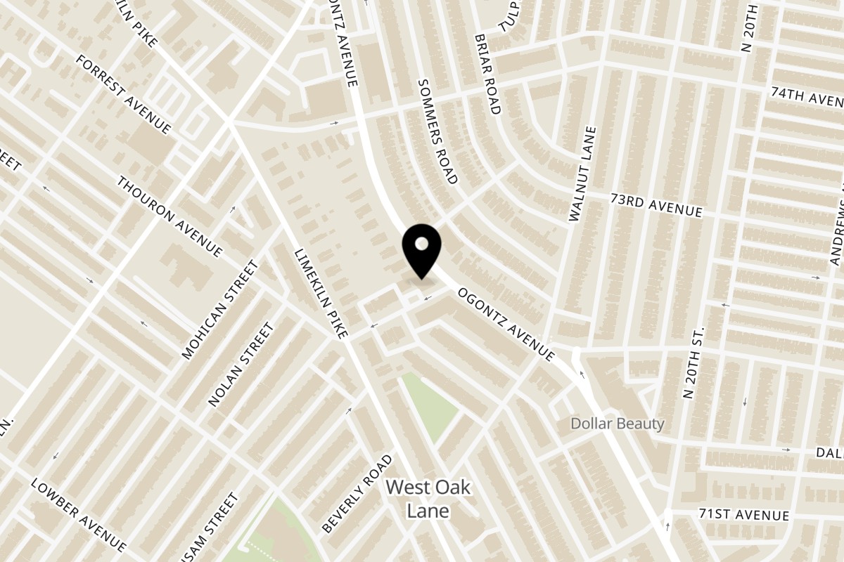 Map showing the location of Victoria's Kitchen & Catering on 7304 Ogontz Avenue in Philadelphia